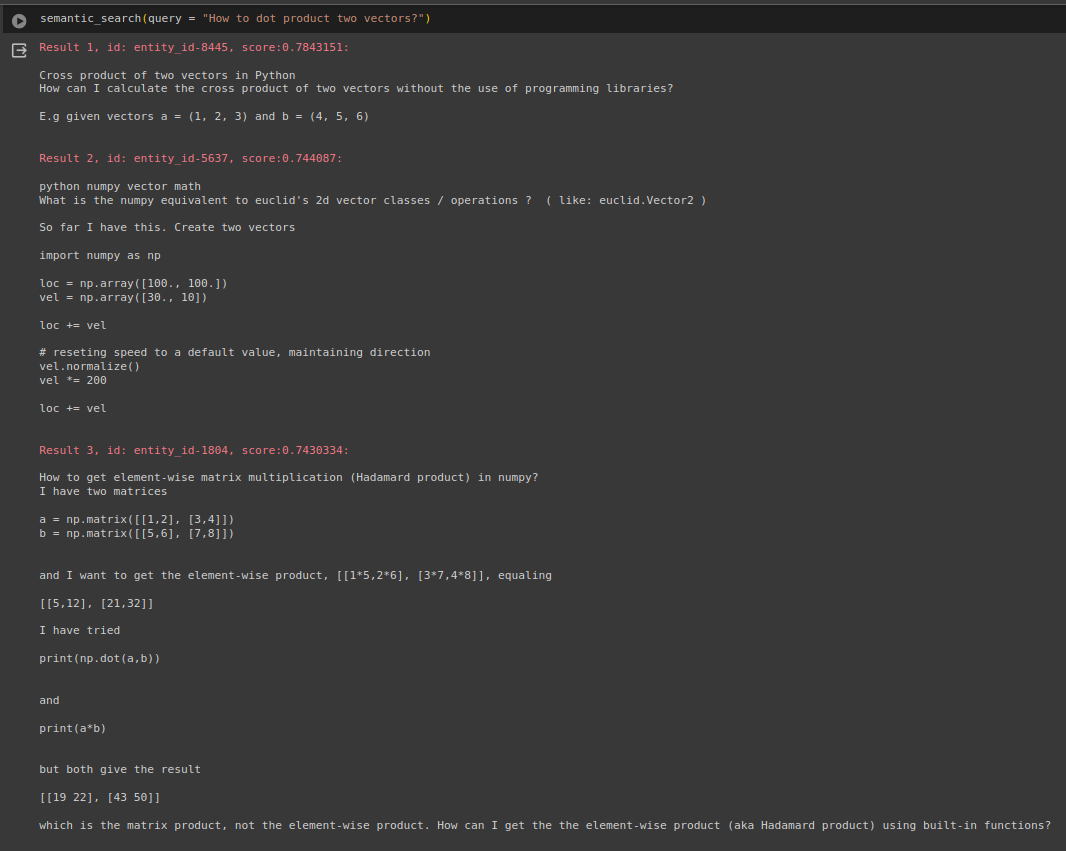 Figure 4: Example query: "How to dot product two vectors?"